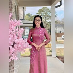 New Ao dai ha dong, Vietnamese traditional long dress set m 2 pink green 🎁